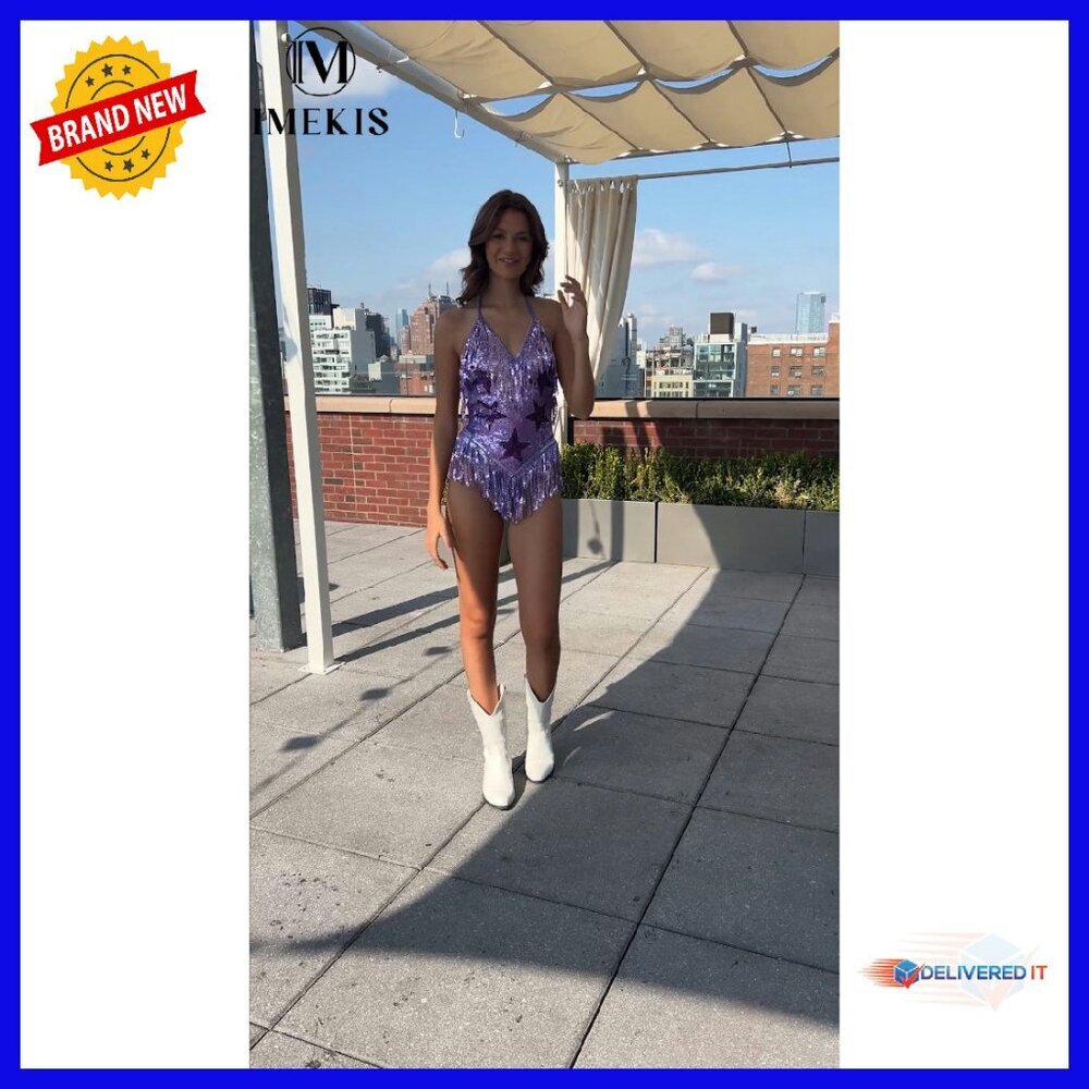 Sparkle Star Fringe Bodysuit Rave Festival Outfit Adjustable Halter - Picture 8 of 8